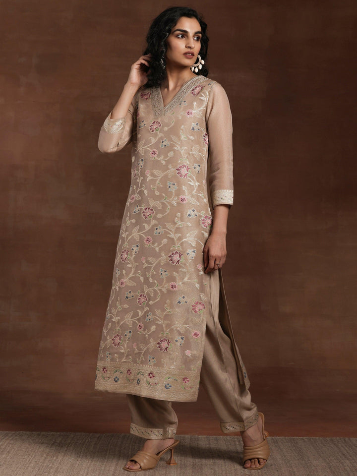 Brown Woven Design Chanderi Silk Straight Suit With Dupatta - Libas