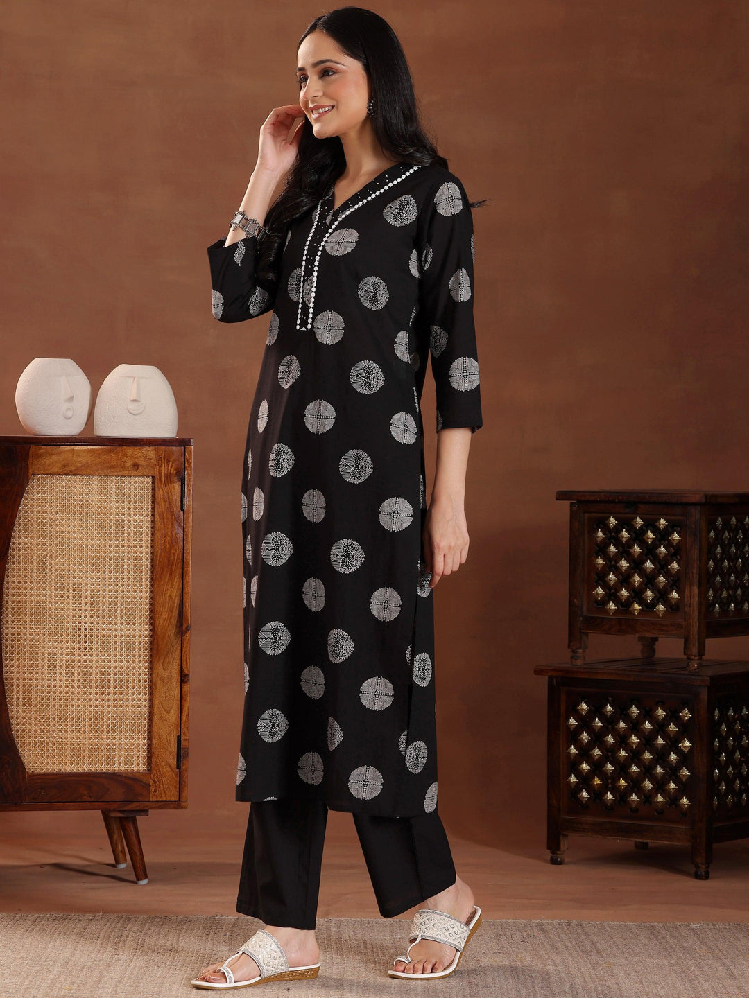 Black Printed Cotton Straight Suit With Dupatta - Libas 