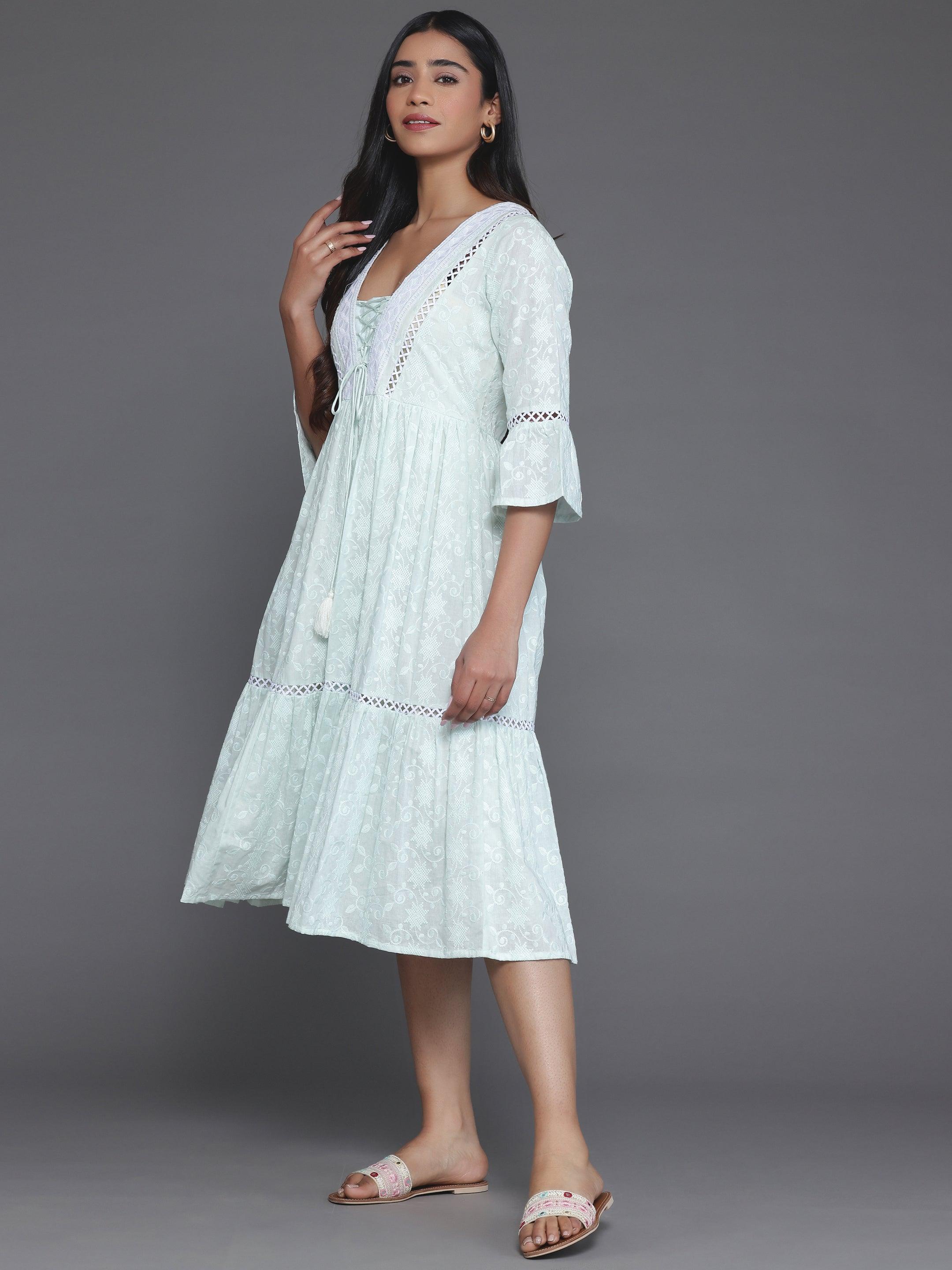 Sea Green Embroidered Cotton Fit and Flare Dress