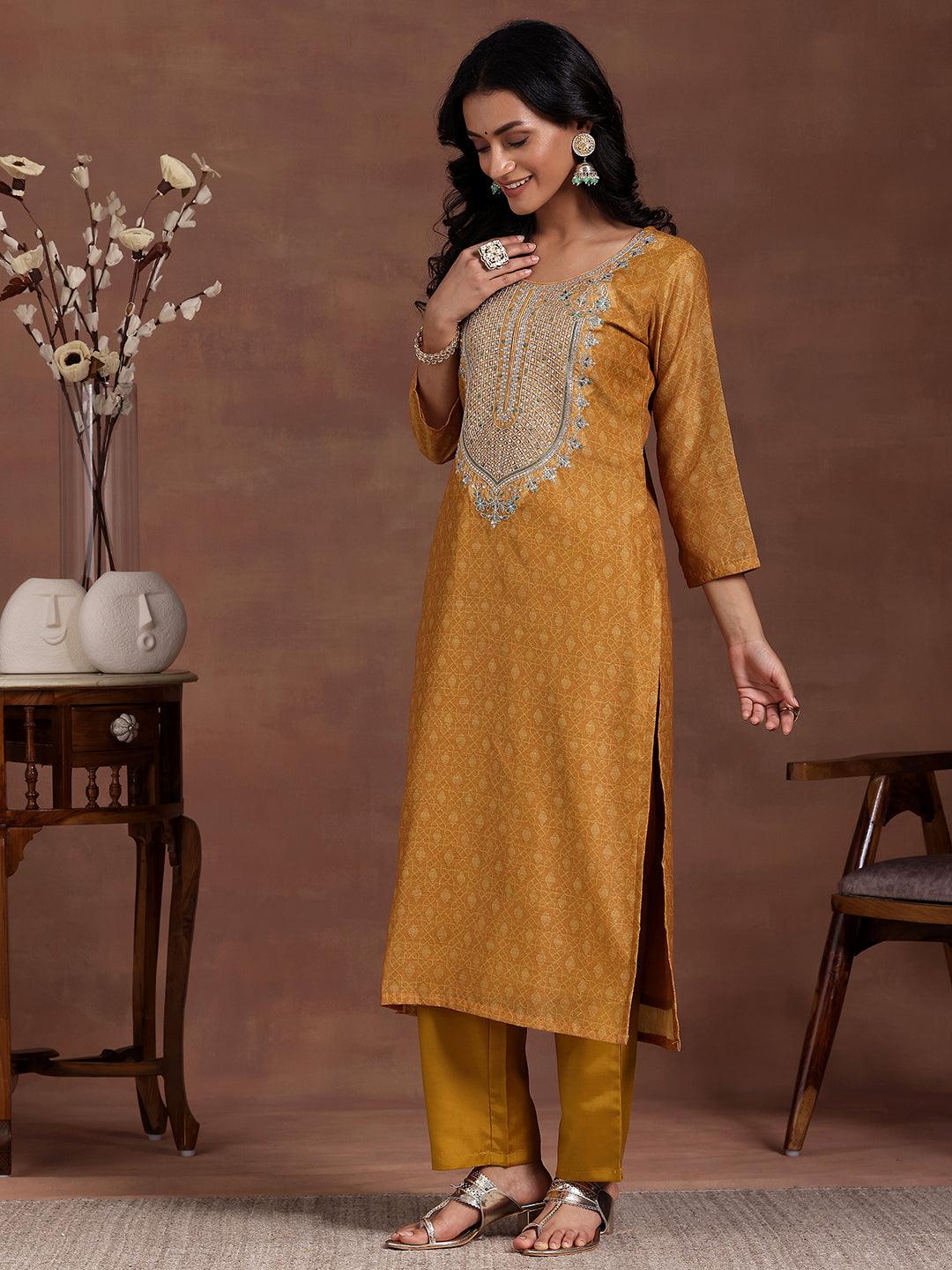 Mustard Printed Silk Blend Straight Suit With Dupatta - Libas 