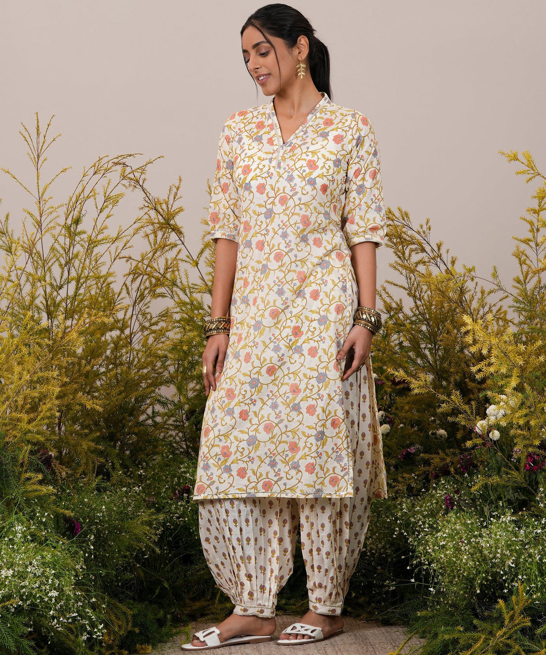 Off White Printed Cotton Straight Suit With Dupatta - Libas 