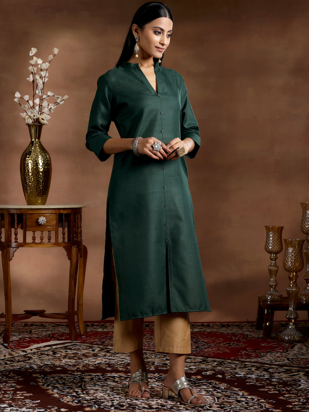  Green Solid Cotton Blend Straight Kurta 