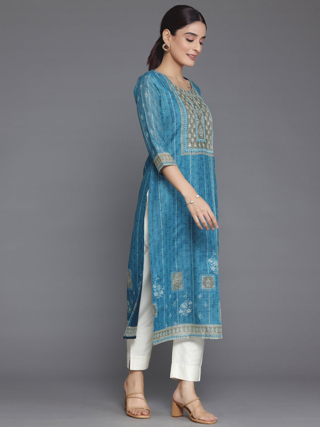 Blue Embellished Chanderi Silk Straight Kurta - Libas 