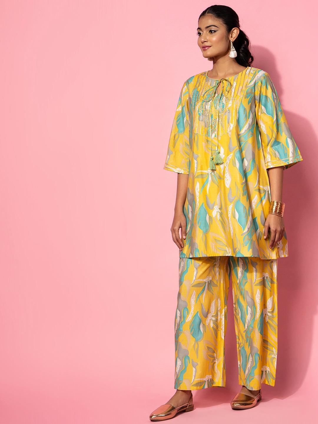 Mustard Printed Silk Blend Co-Ords - Libas 