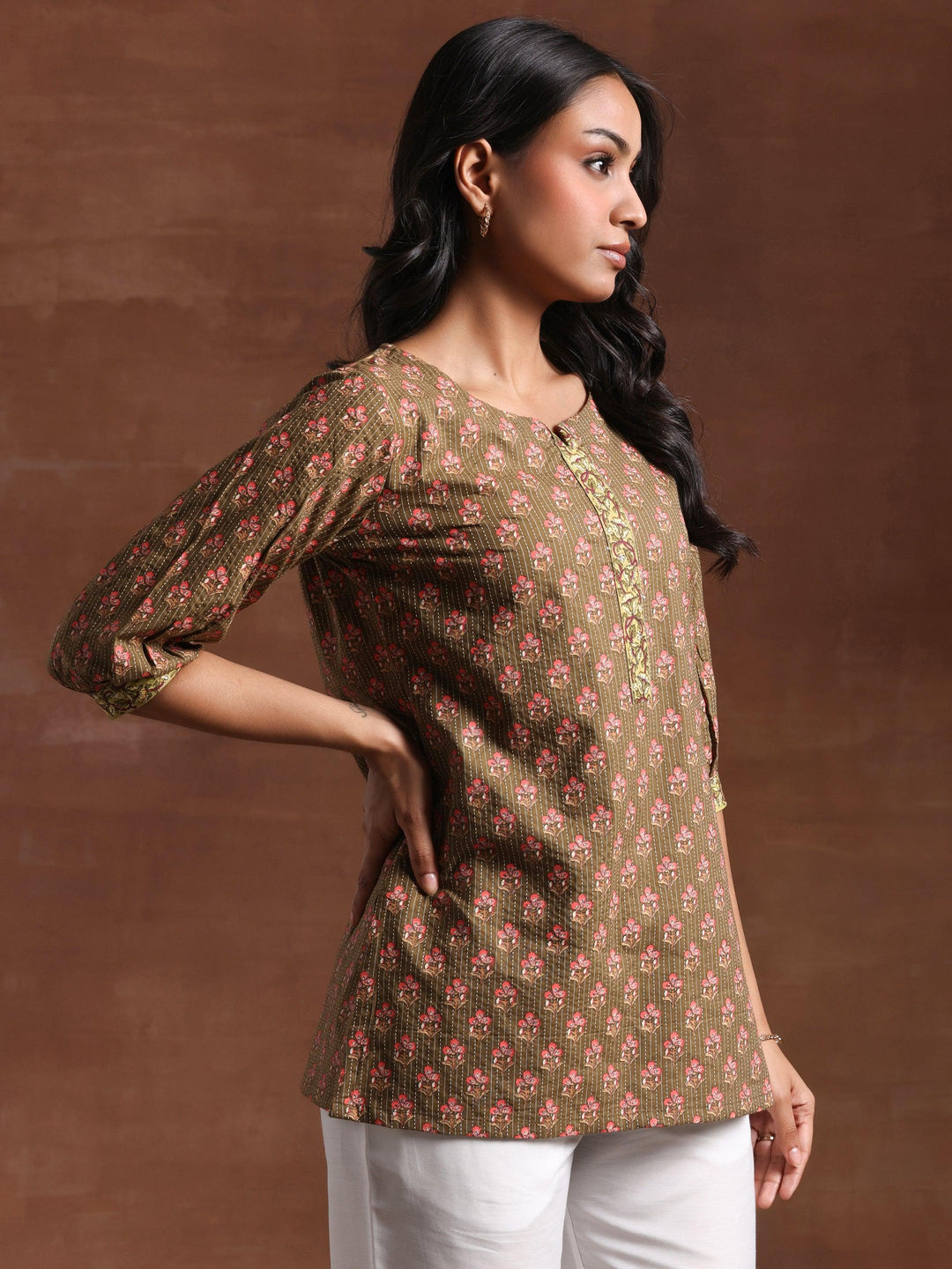 Olive Printed Cotton Straight Kurti - Libas