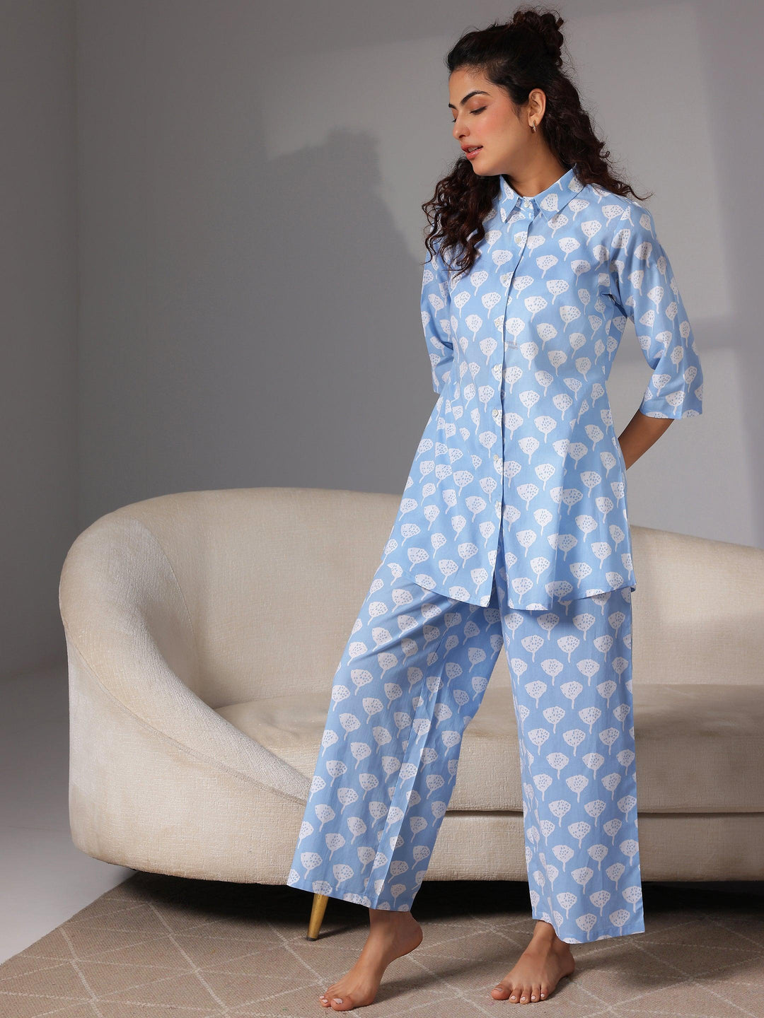 Blue Printed Cotton Night Suits - Libas