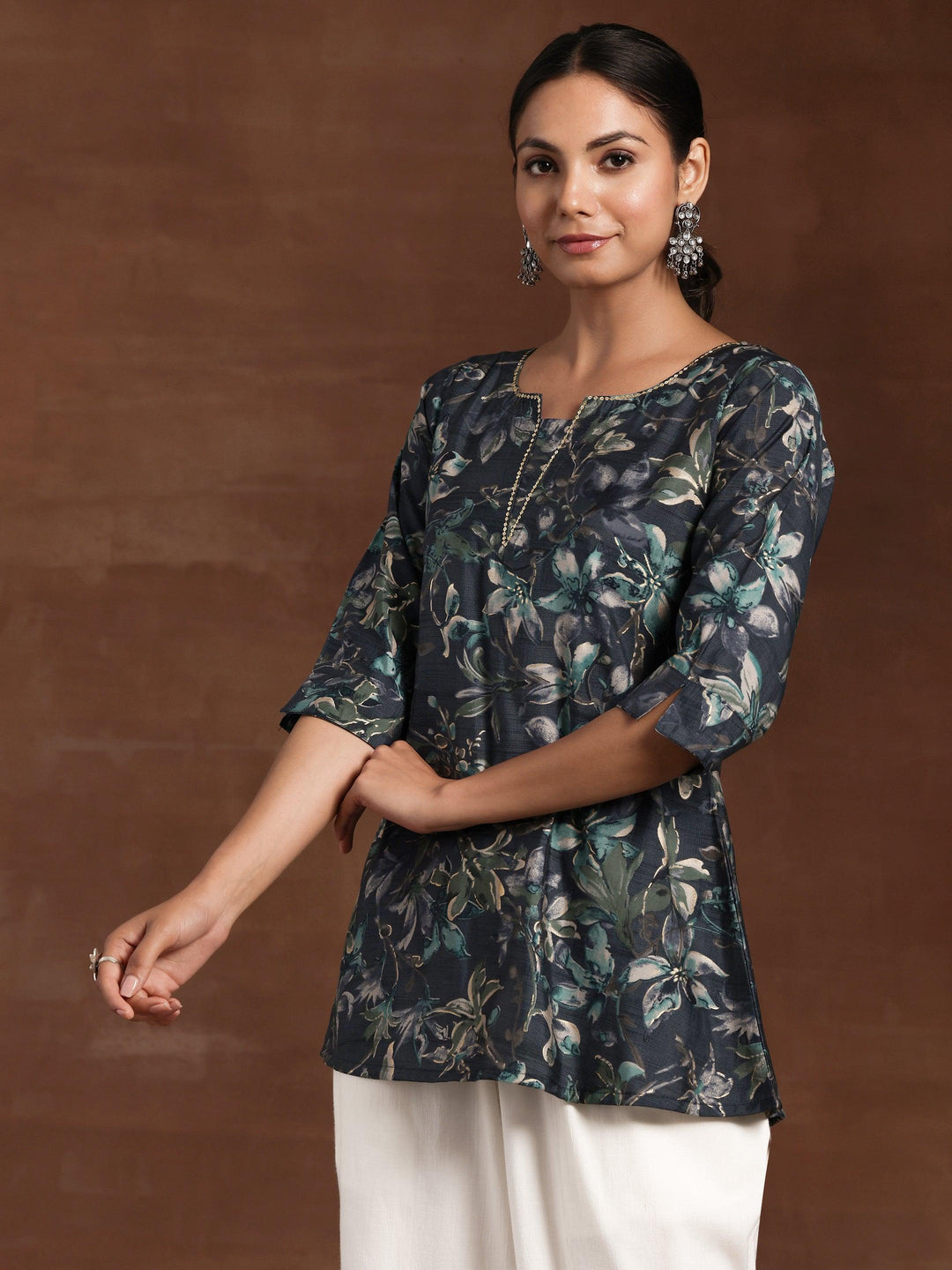 Grey Yoke Design Silk Blend A-Line Kurti - Libas 