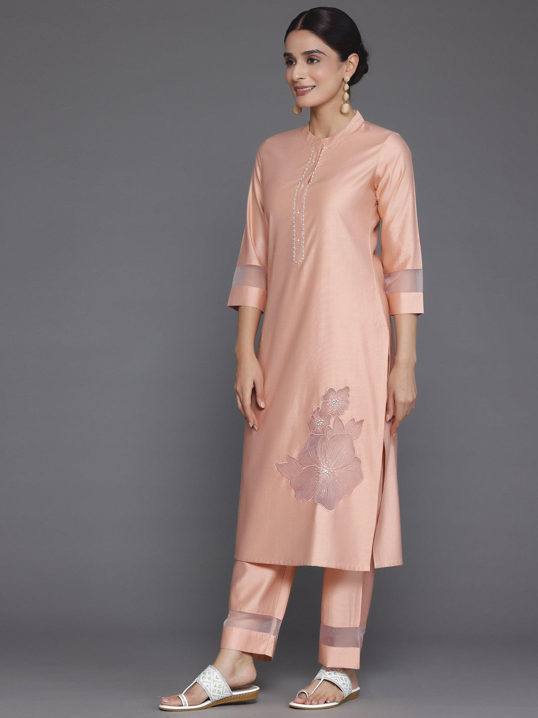 Peach Solid Silk Blend Straight Suit With Dupatta - Libas