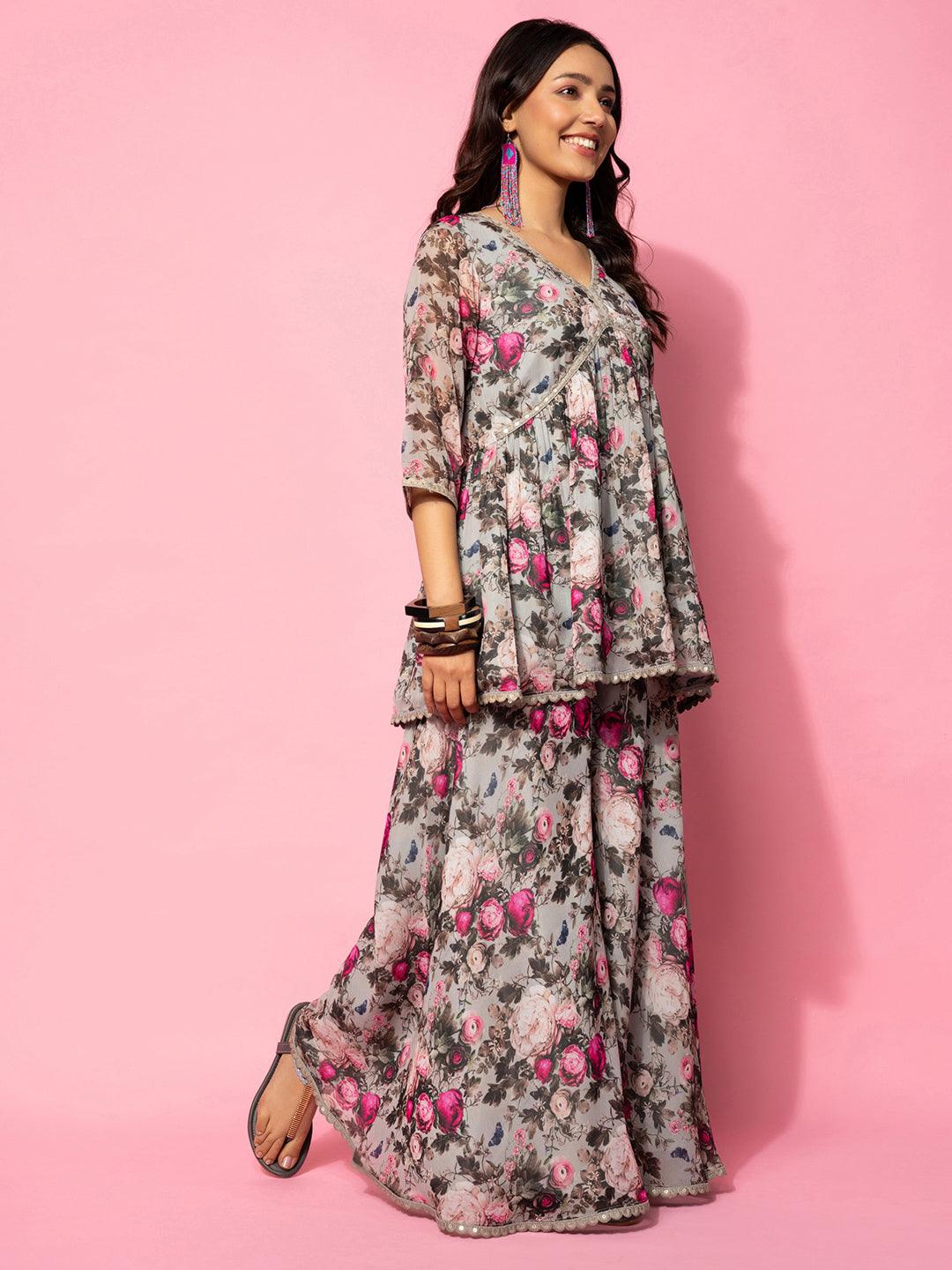 Grey Printed Georgette Co-Ords - Libas 