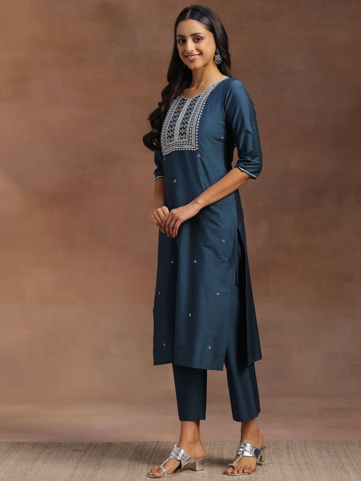 Blue Yoke Design Silk Blend Straight Suit With Dupatta - Libas