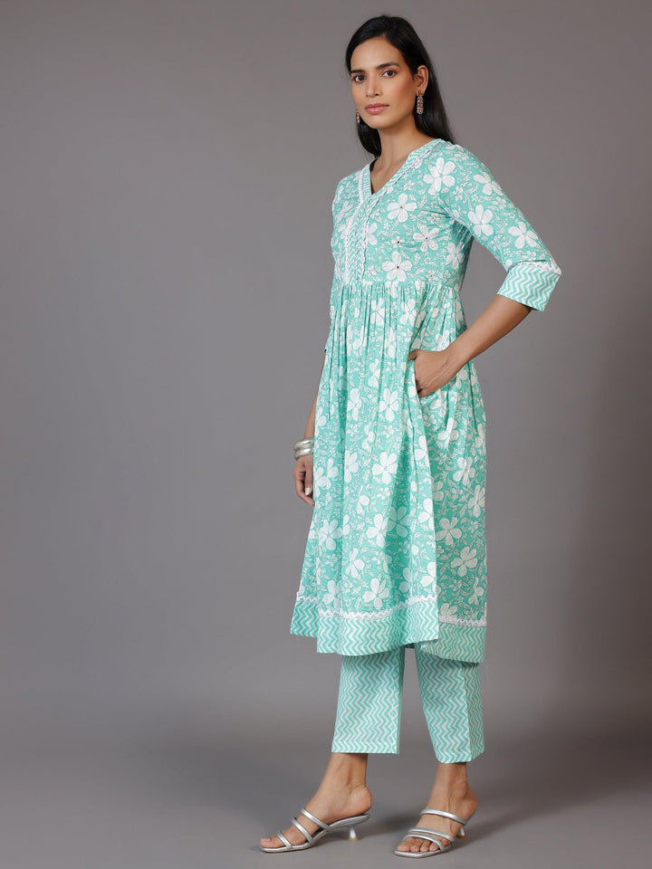 Green Printed Cotton Anarkali Kurta Set - Libas