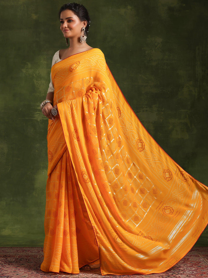 Mustard Printed Poly Georgette Saree With Unstitched Blouse Piece - Libas