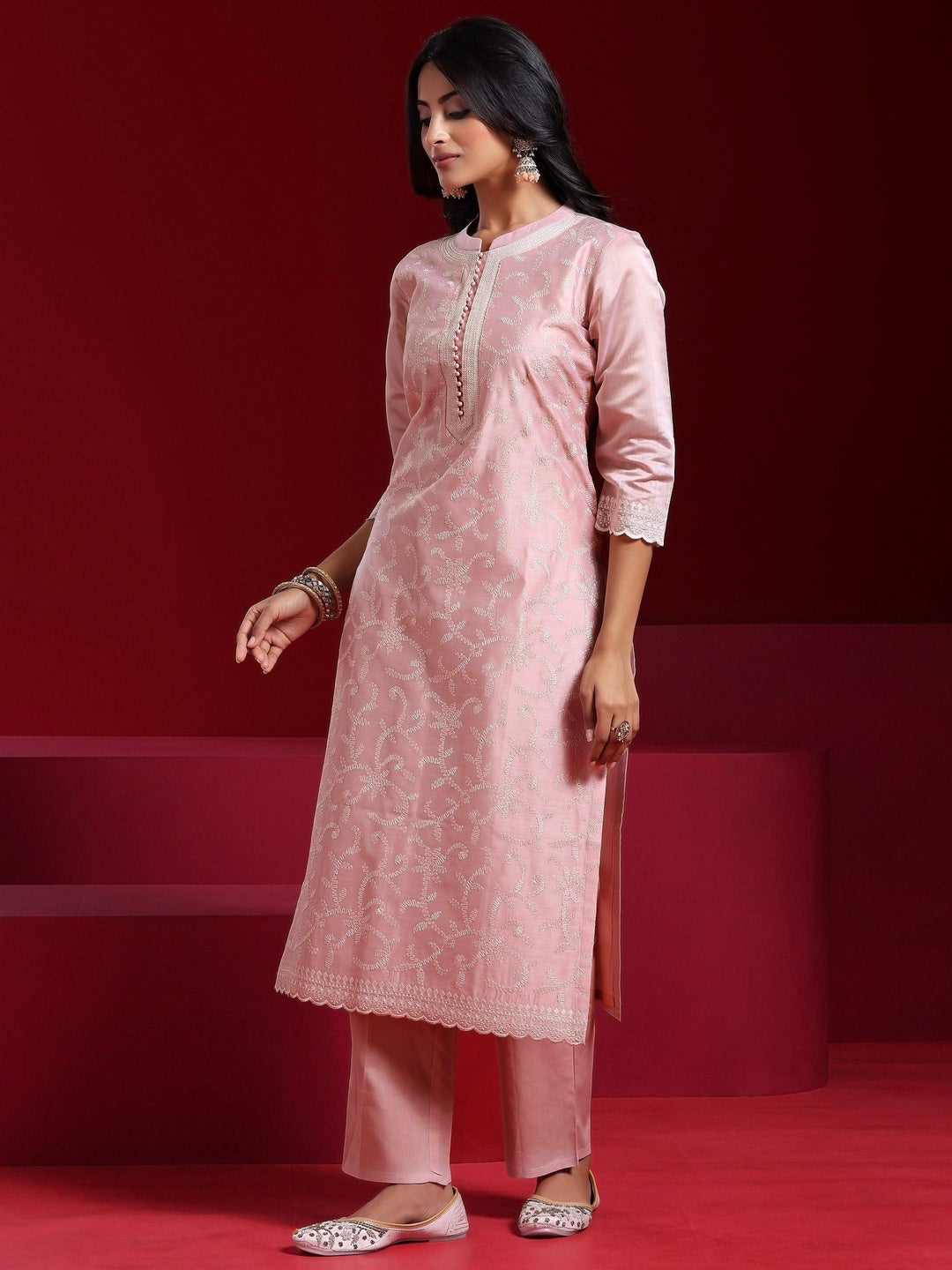 Libas Art Pink Embroidered Chanderi Silk Straight Suit With Dupatta - Libas