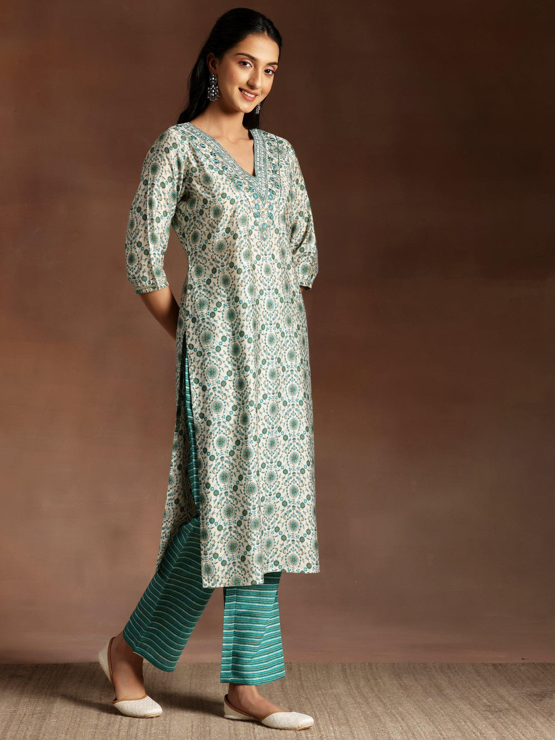 Blue Printed Silk Blend Straight Suit With Dupatta - Libas