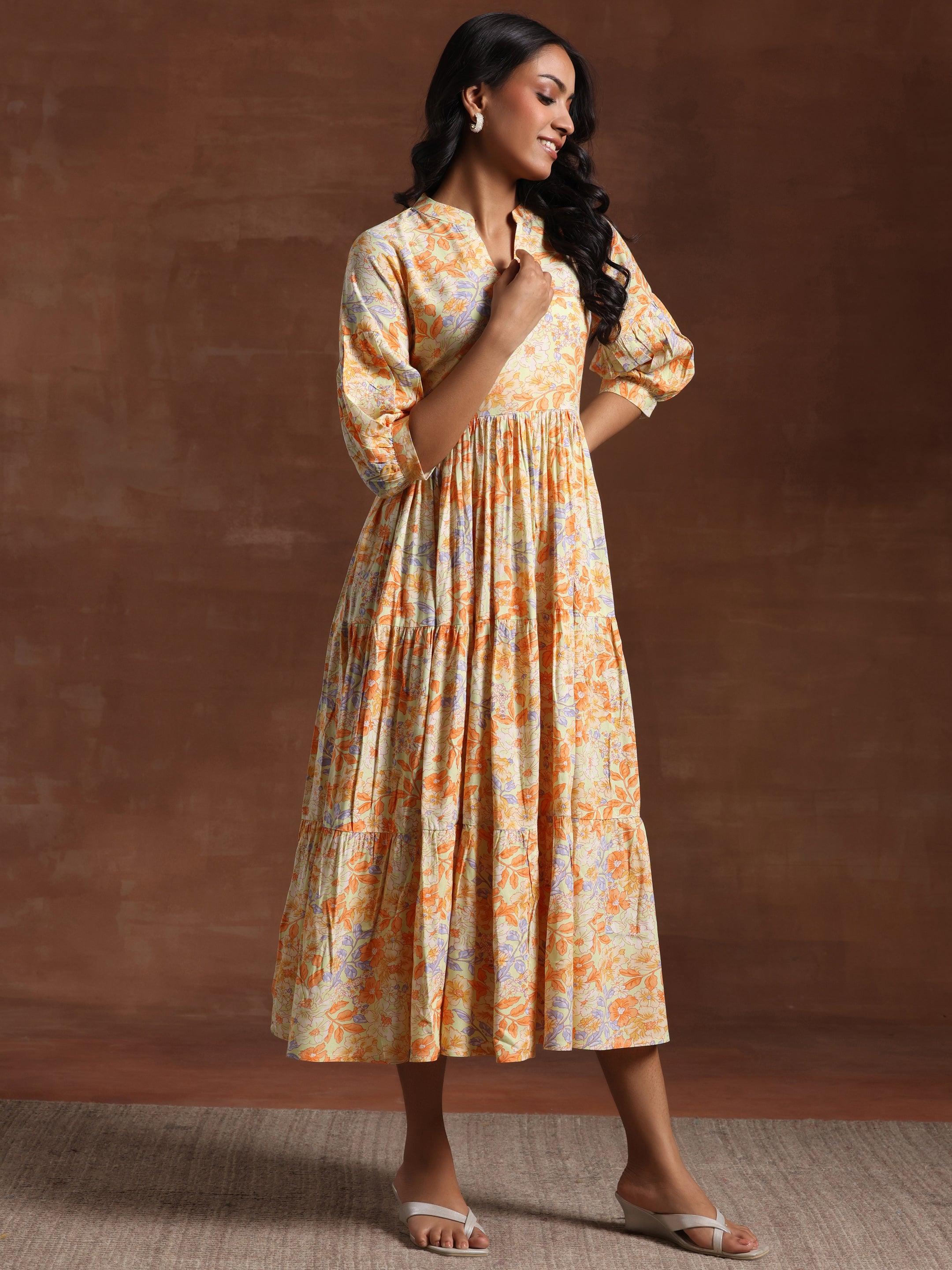 Yellow Printed Rayon Fit and Flare Dress
