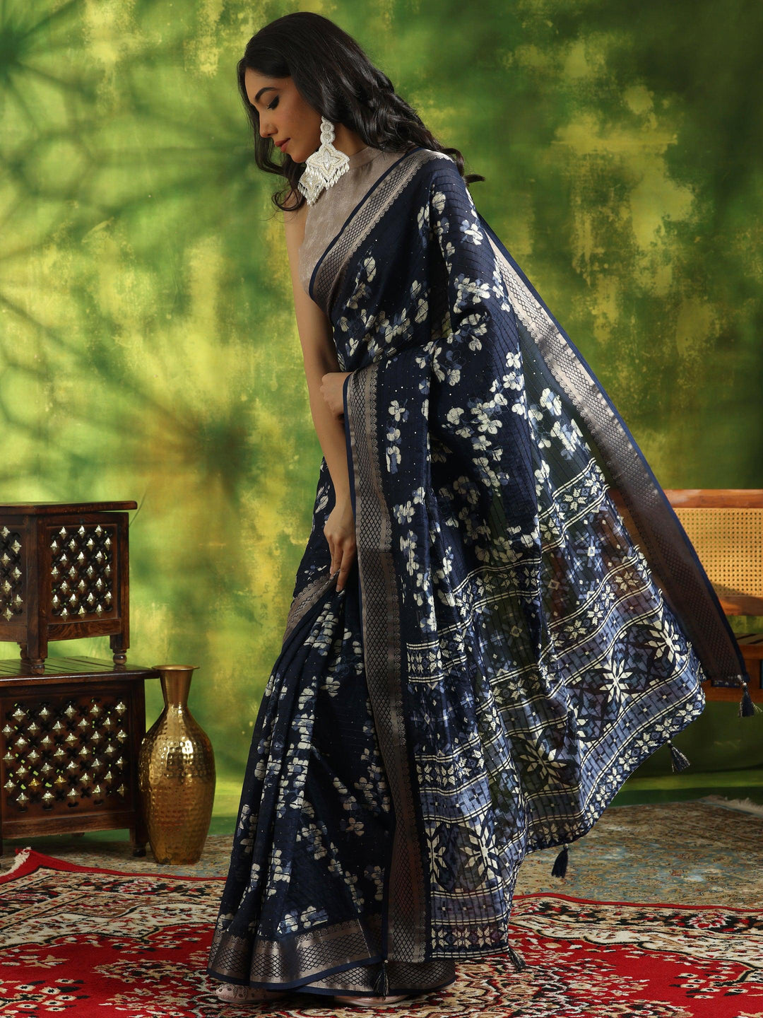 Blue Printed Silk Blend Saree With Unstitched Blouse Piece - Libas