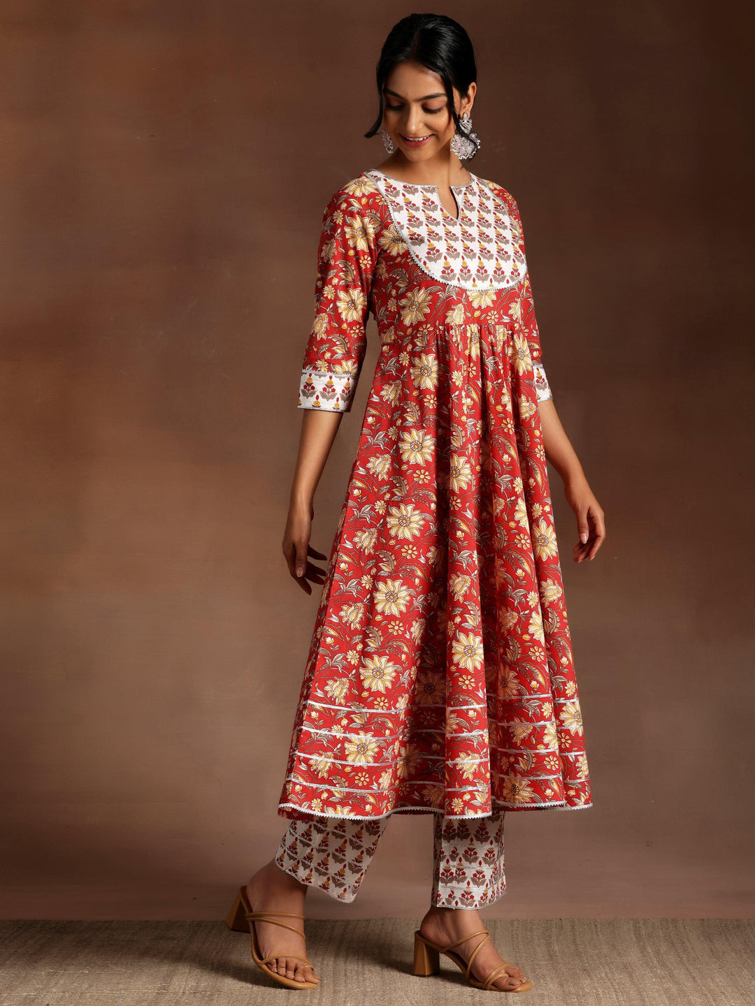 Red Printed Cotton Anarkali Suit With Dupatta - Libas 