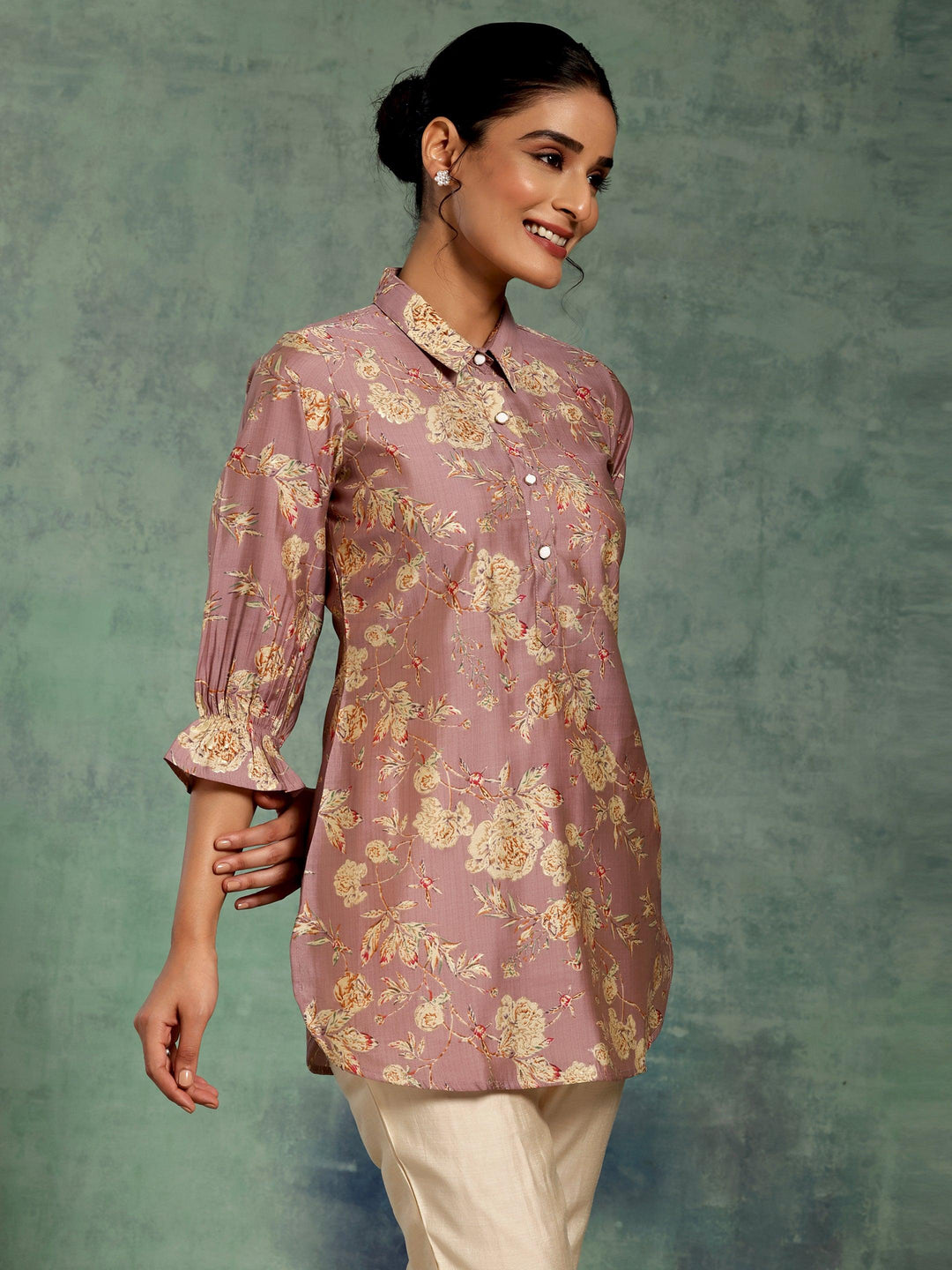 Mauve Printed Silk Blend Straight Kurti - Libas 