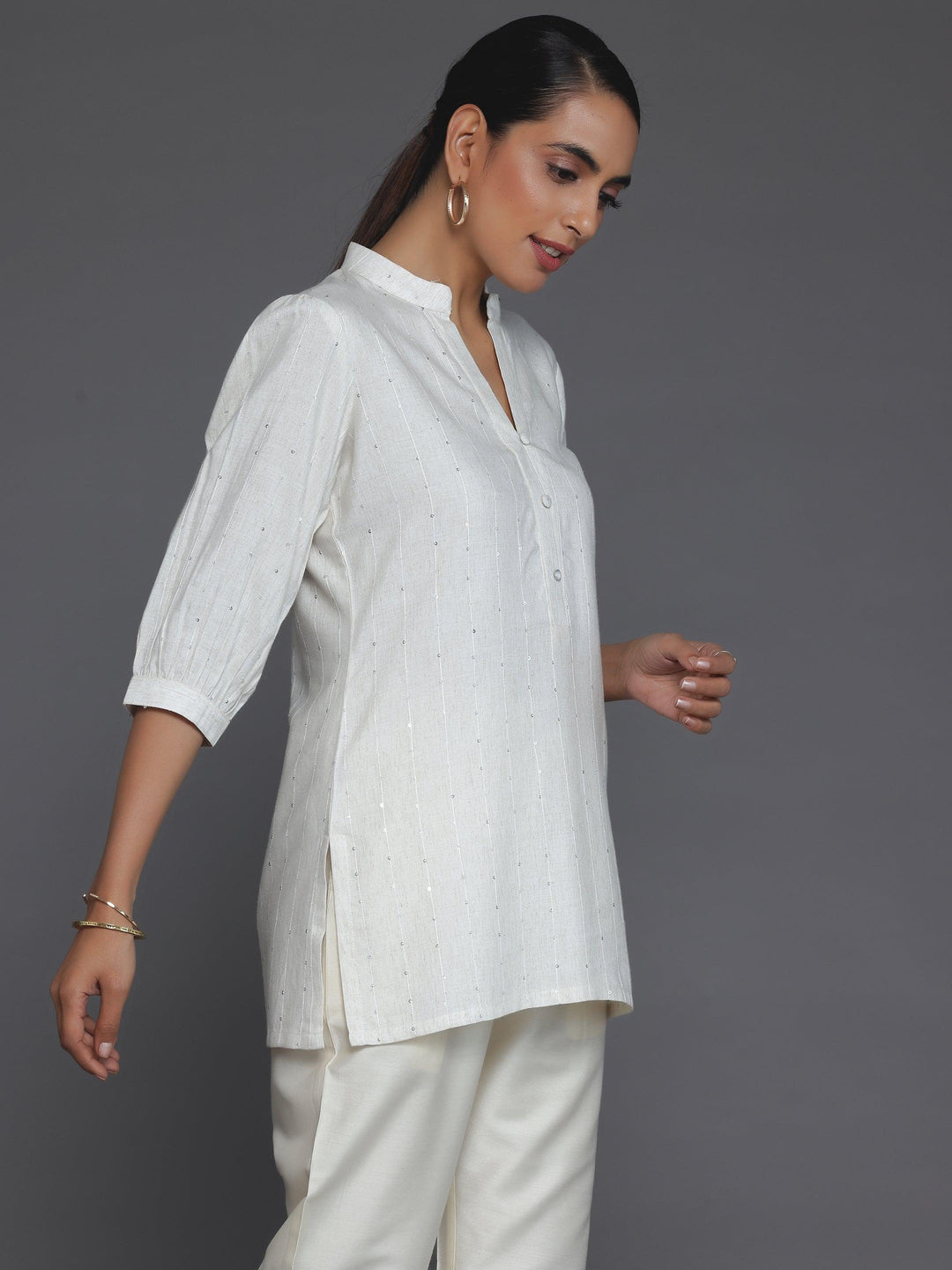 Off White Woven Design Cotton Blend Straight Kurti - Libas 