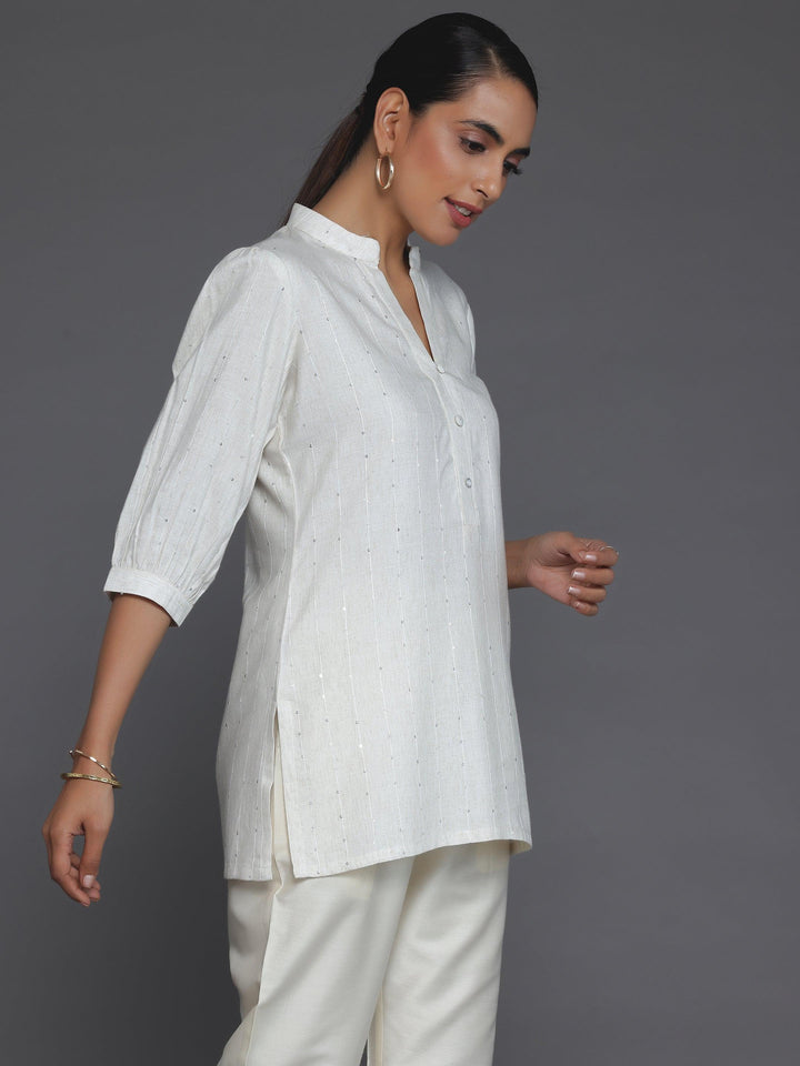 Off White Woven Design Cotton Blend Straight Kurti - Libas