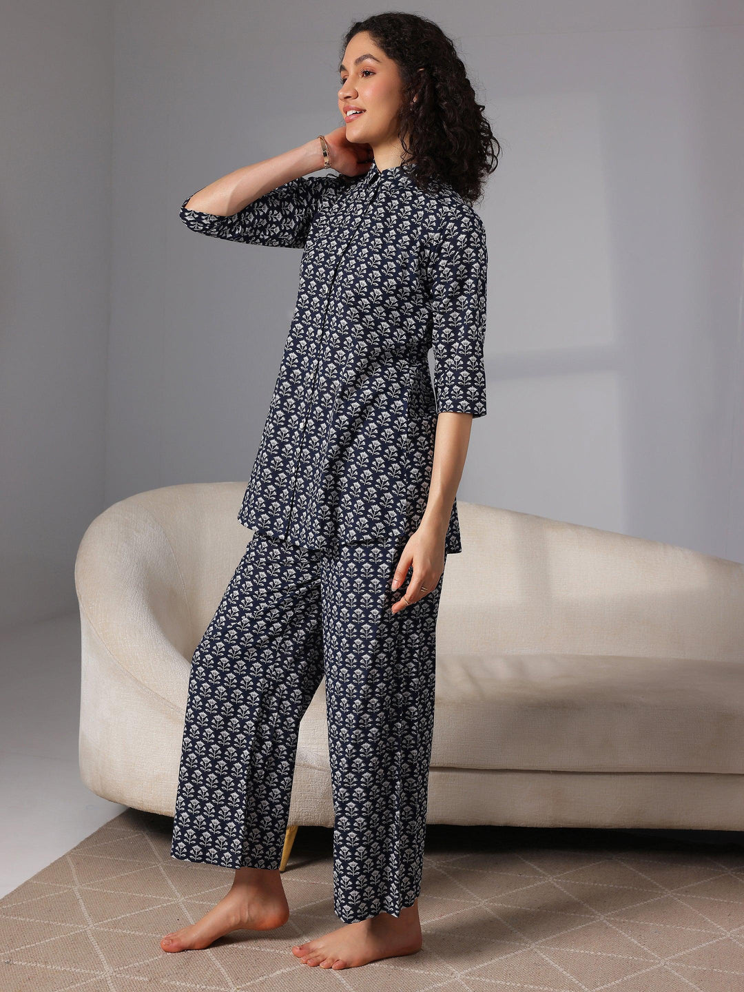 Navy Blue Printed Cotton Night Suits - Libas 