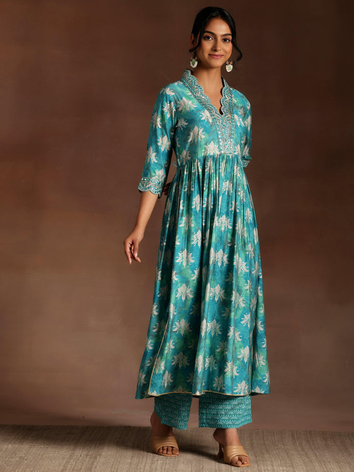 Blue Printed Silk Blend A-Line Kurta With Palazzos & Dupatta - Libas