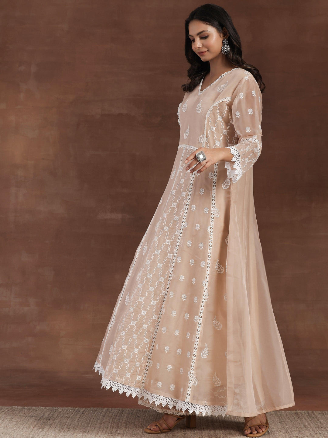 Nude Embroidered Organza A-Line Kurta With Palazzos & Dupatta - Libas 