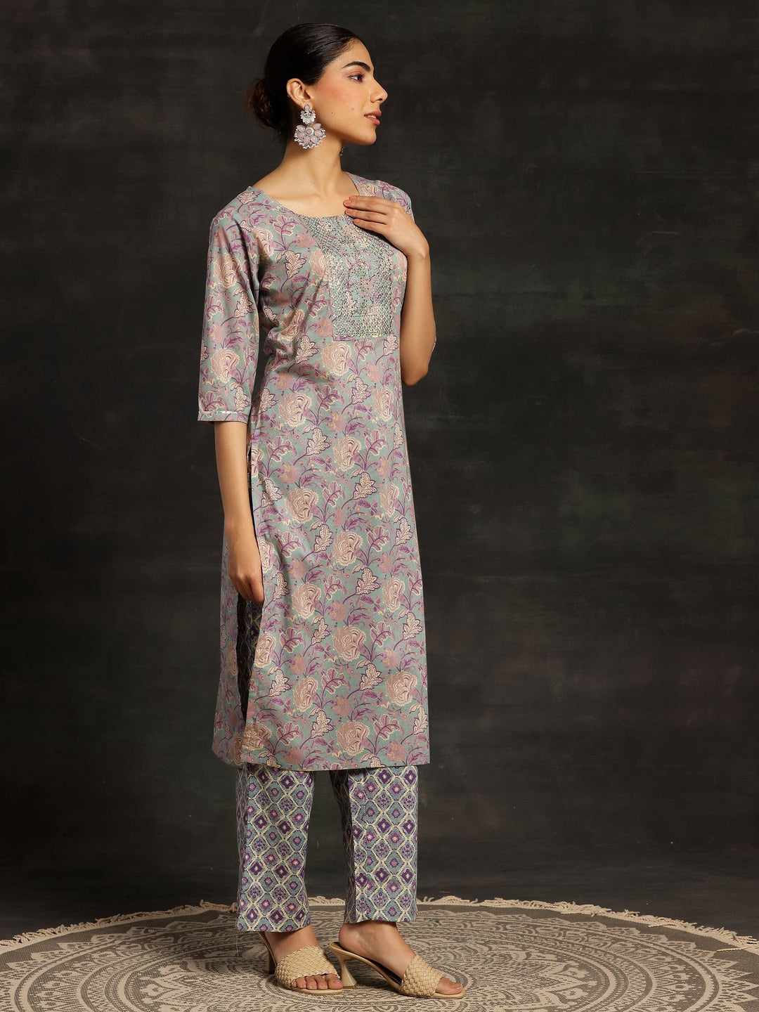 Blue Printed Cotton Straight Suit With Dupatta - Libas