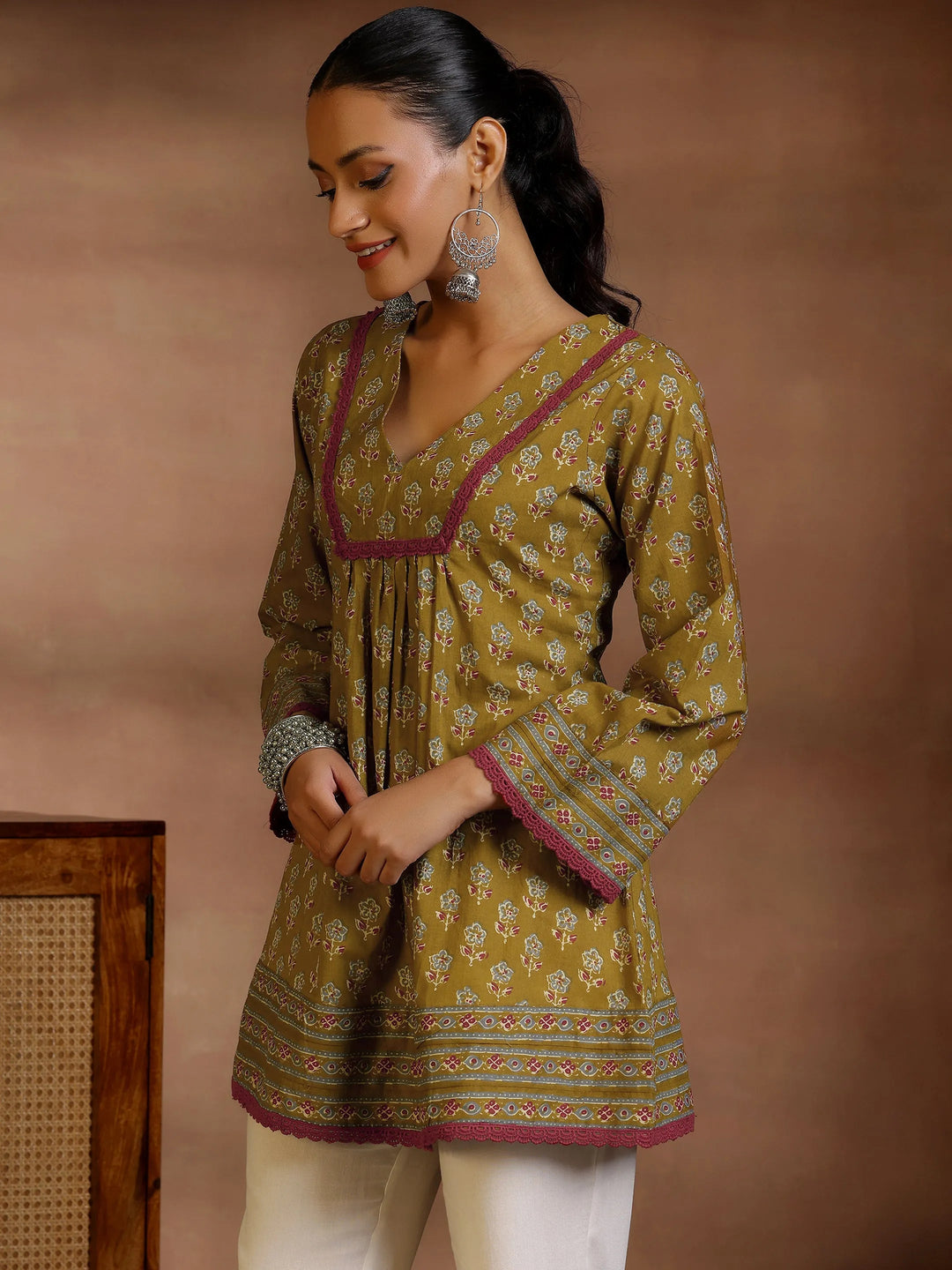  Olive Printed Cotton A-Line Kurti 