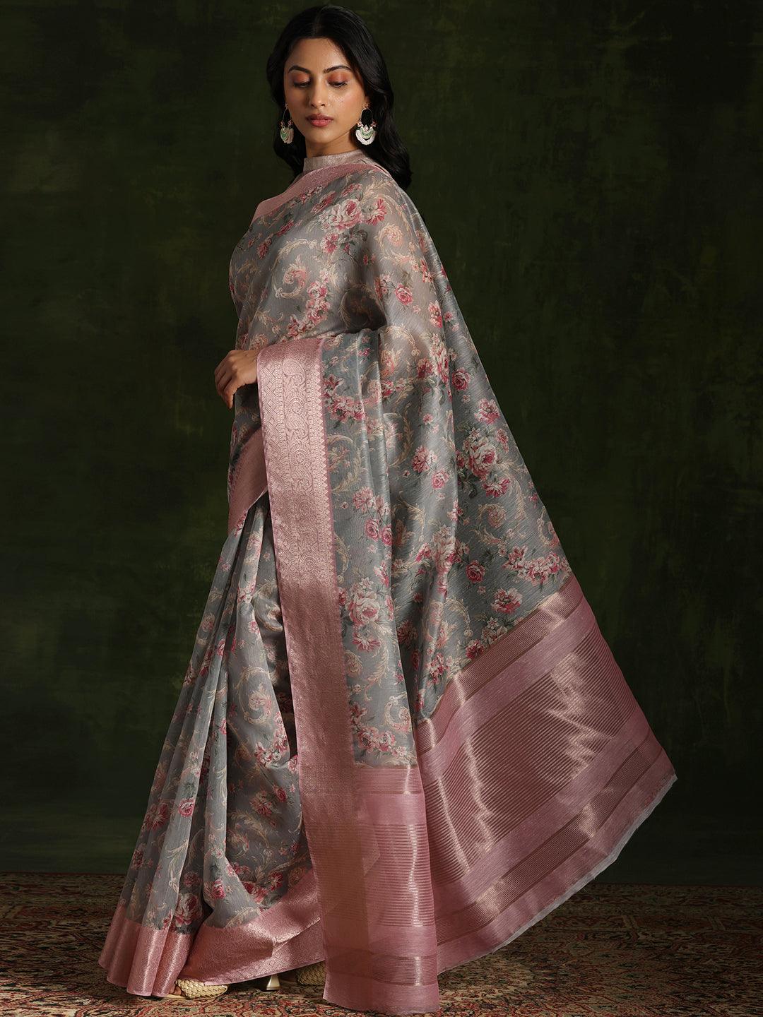 Grey Printed Silk Blend Saree With Unstitched Blouse Piece - Libas