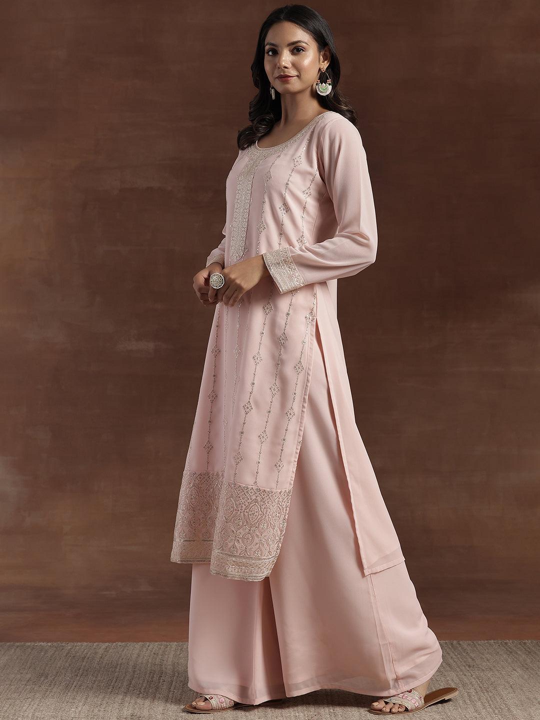 Peach Embroidered Georgette Straight Suit With Dupatta - Libas 