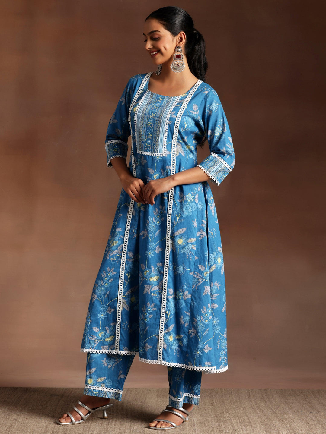 Blue Printed Cotton A-Line Kurta With Palazzos - Libas 