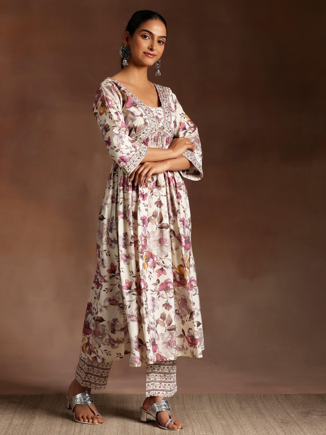 Hoor Burgundy Printed Silk Blend A-Line Kurta With Palazzos & Dupatta - Libas 