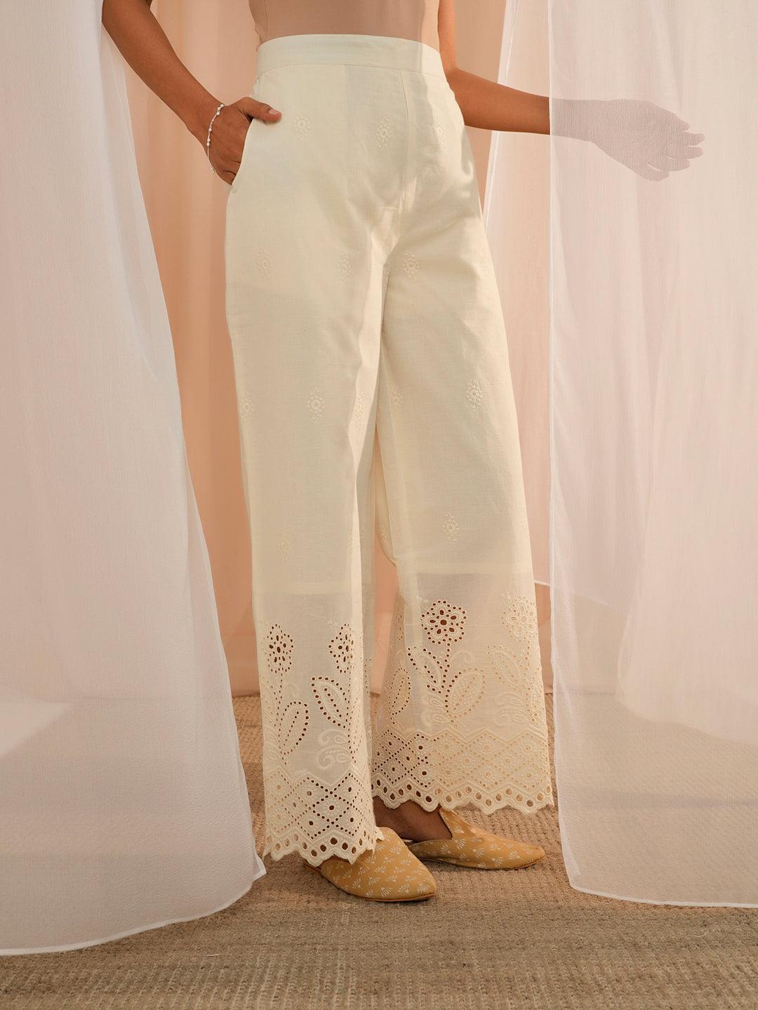 Off White Embroidered Cotton Wide Leg Palazzos - Libas 