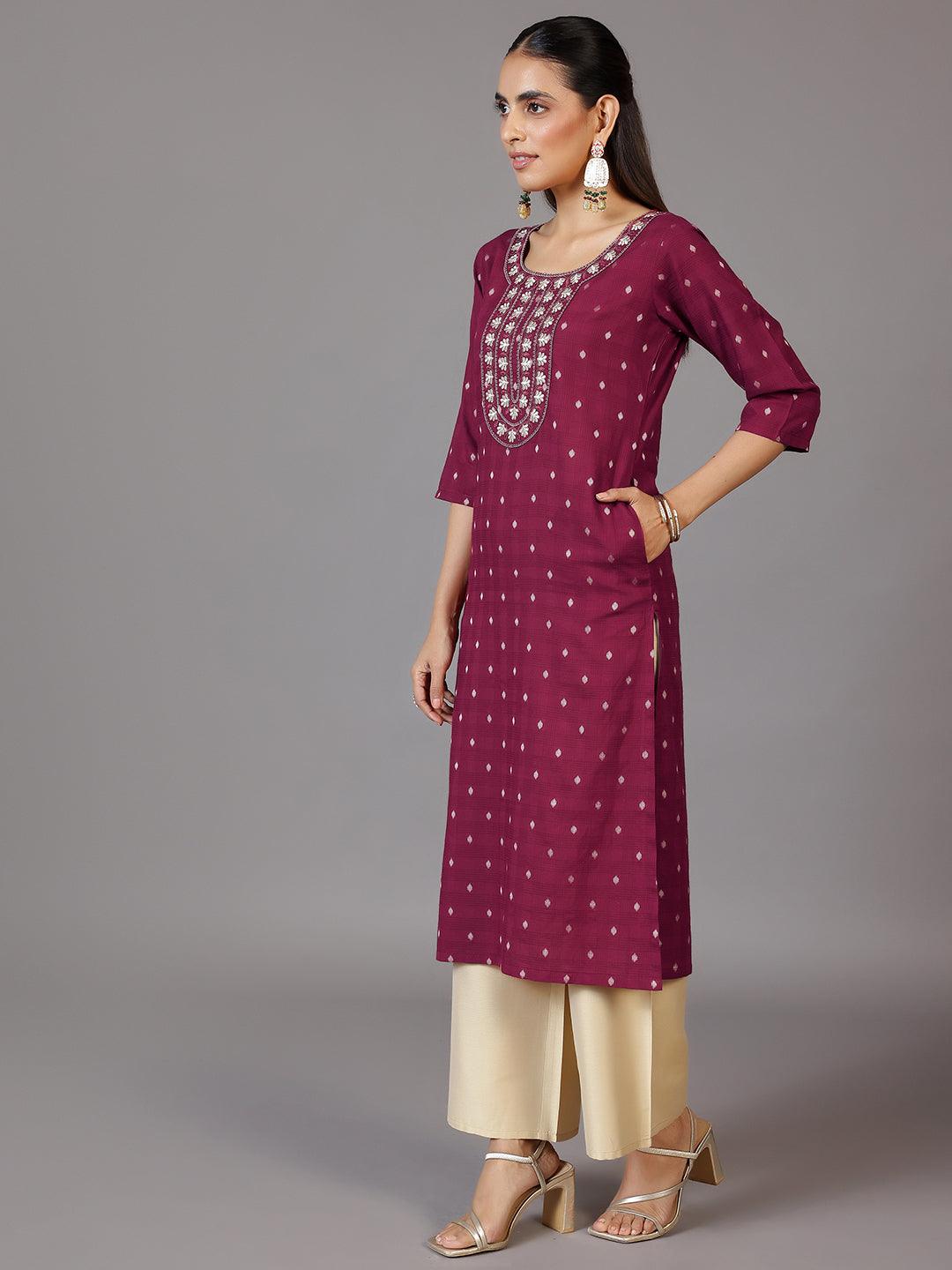 Maroon Embroidered Cotton Straight Kurta - Libas 