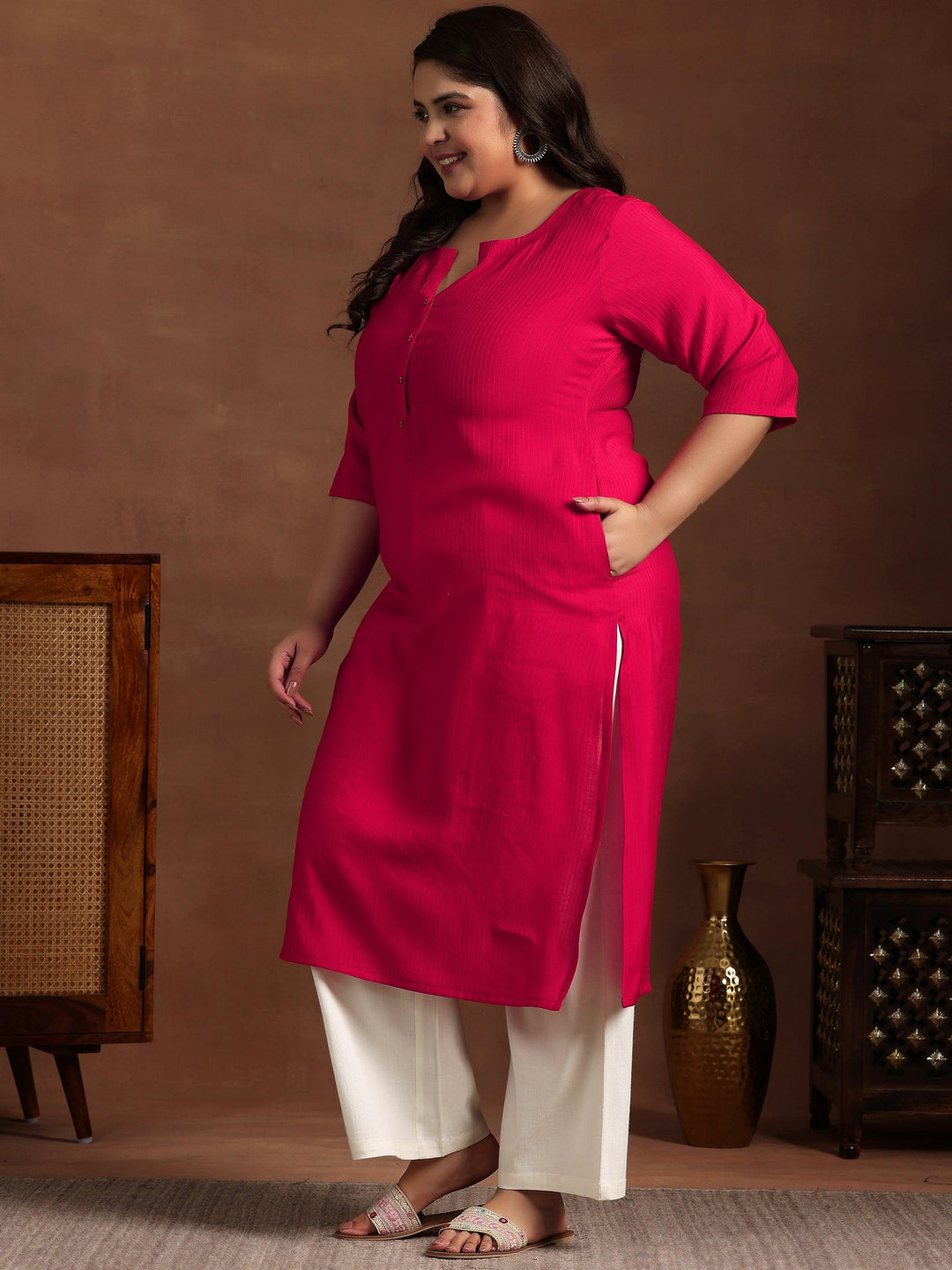 Plus Size Red Woven Design Silk Straight Kurta - Libas