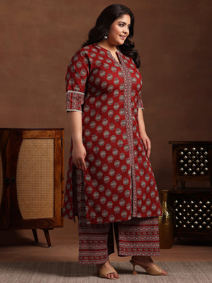 Plus Size Maroon Printed Cotton Straight Suit With Dupatta - Libas