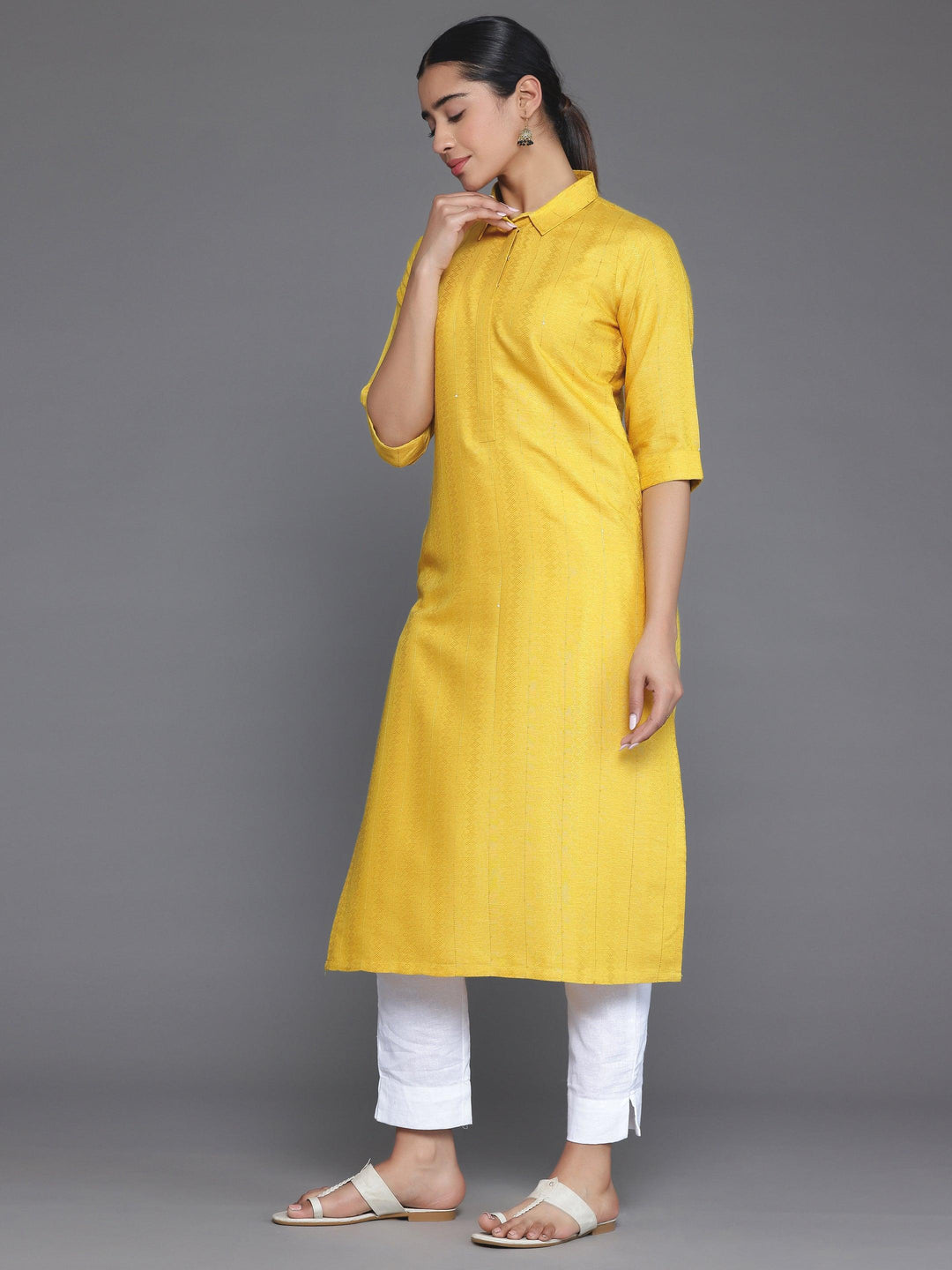 Yellow Woven Design Cotton Straight Kurta - Libas 