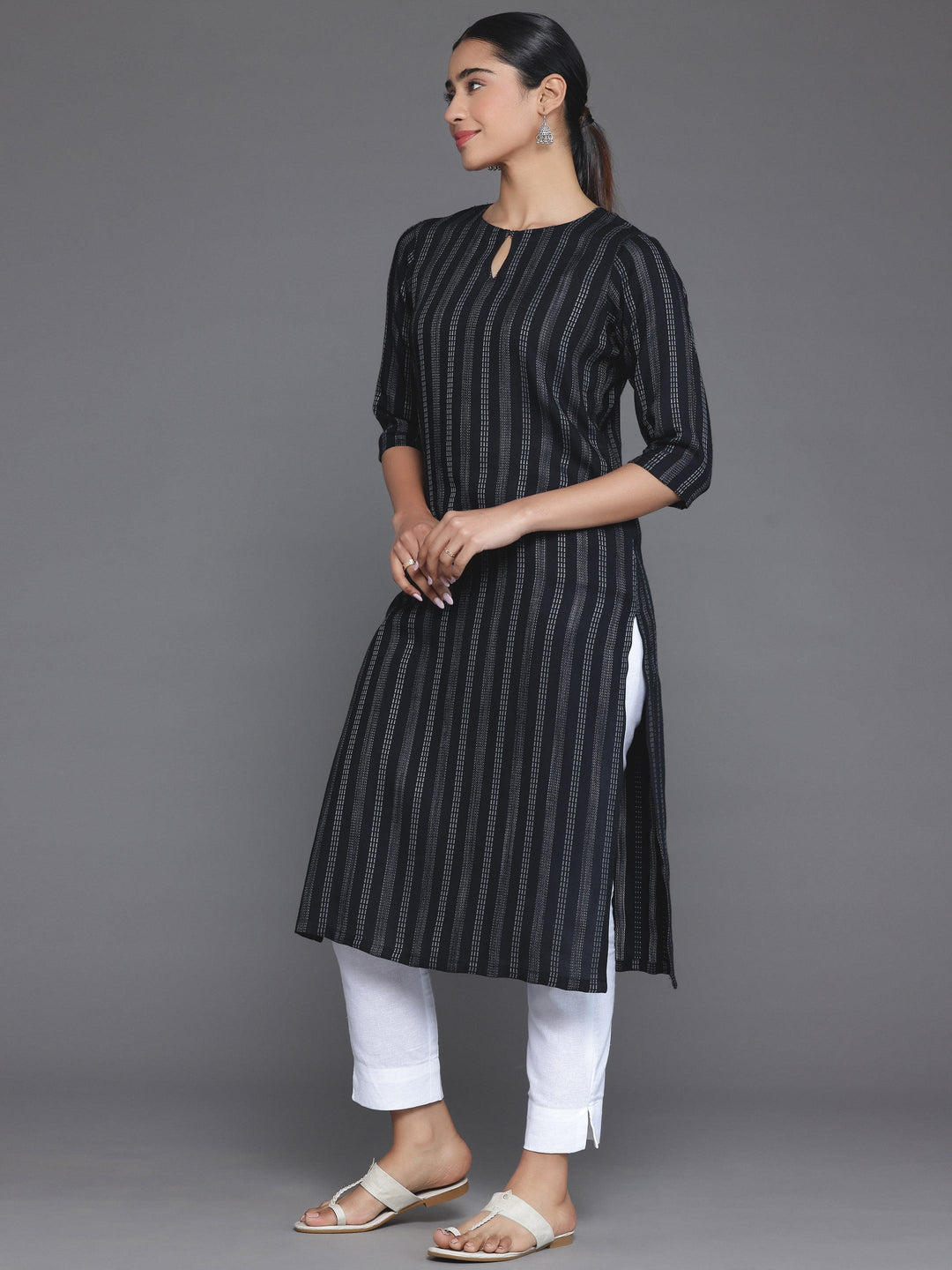 Black Striped Rayon Straight Kurta - Libas