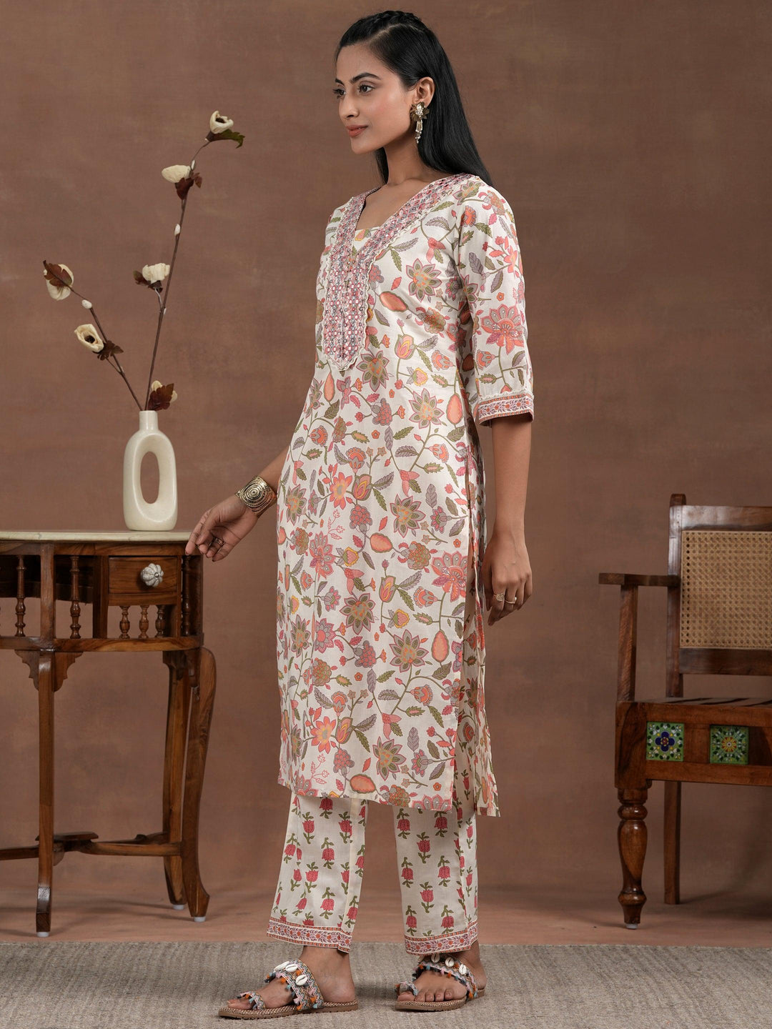 Off White Printed Cotton Straight Suit With Dupatta - Libas 