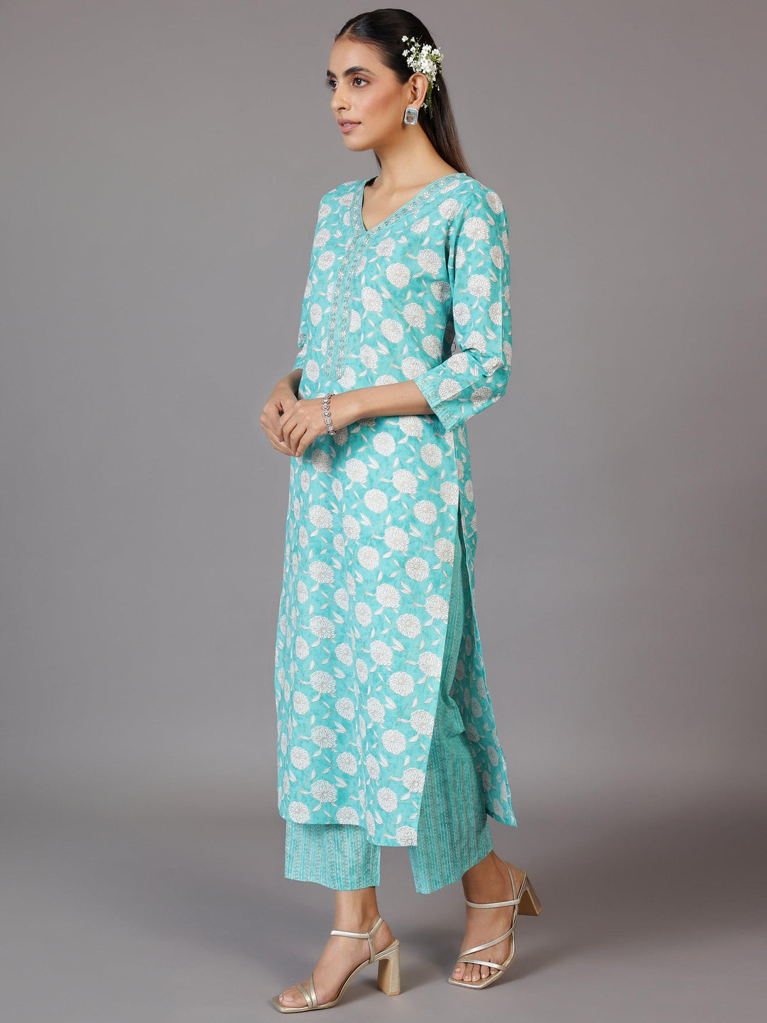 Turquoise Printed Cotton Straight Suit With Dupatta - Libas 