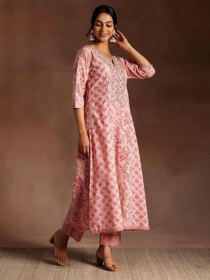 Mariyam Pink Printed Cotton A-Line Kurta With Palazzos & Dupatta - Libas