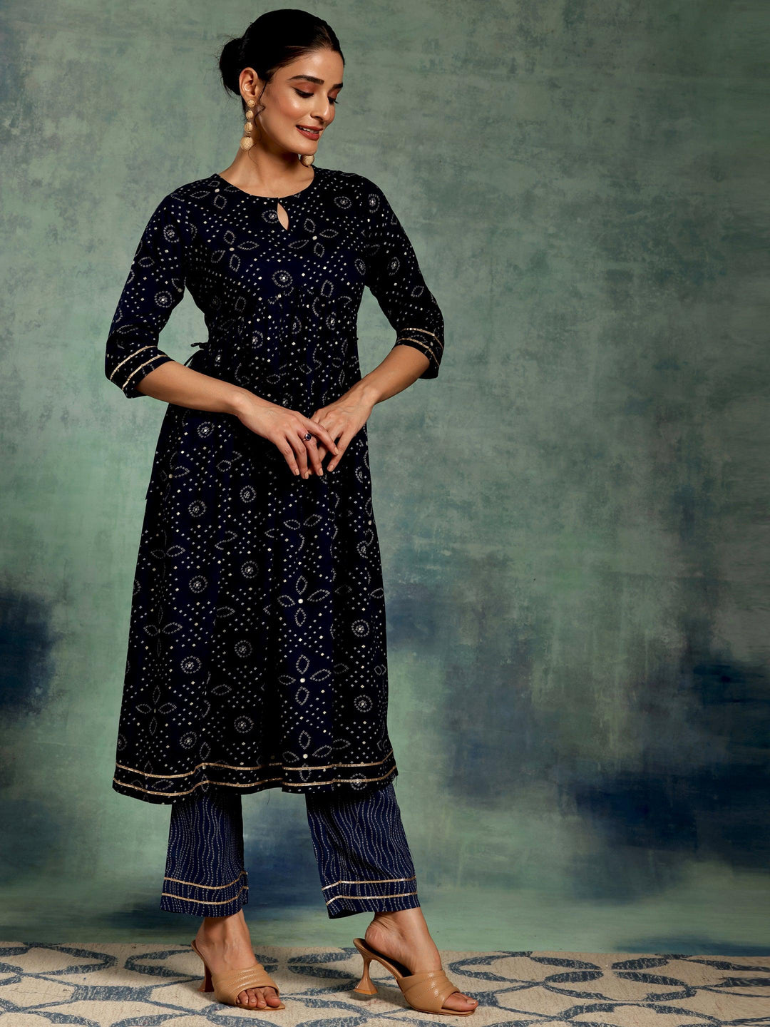 Blue Printed Rayon A-Line Kurta With Palazzos & Dupatta - Libas