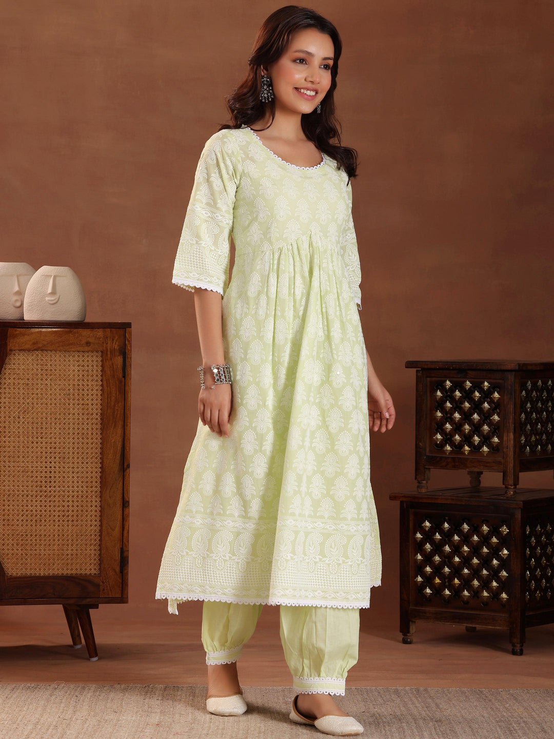 Green Embroidered Pure Cotton A-Line Kurta With Sharara & Dupatta - Libas 