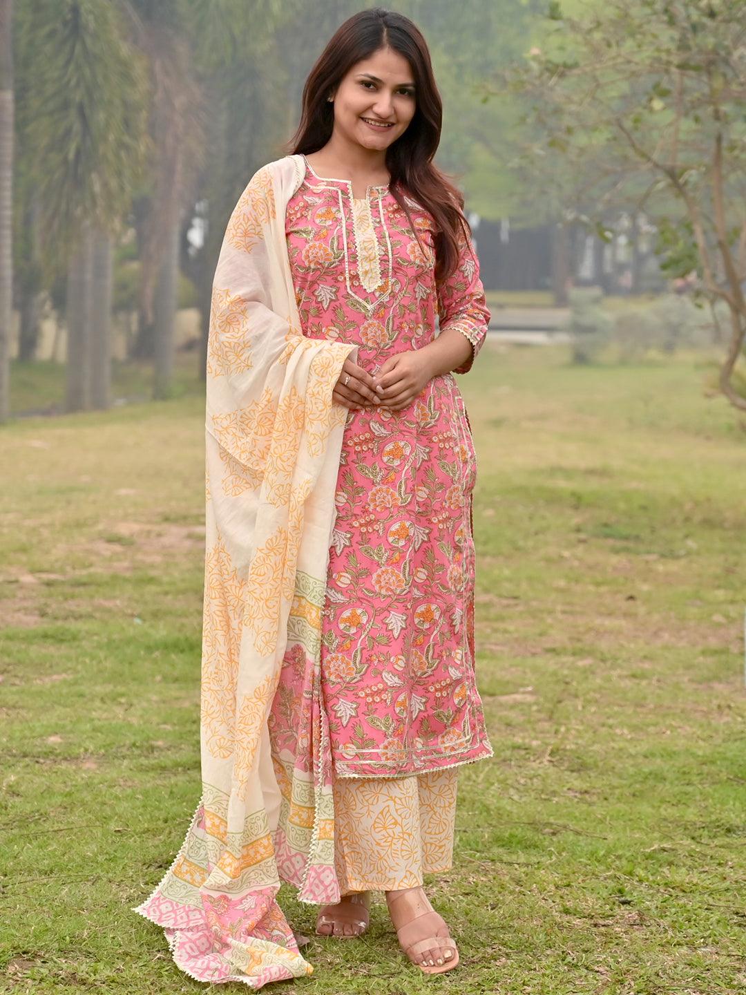 Pink Printed Cotton Straight Kurta With Palazzos & Dupatta - Libas 