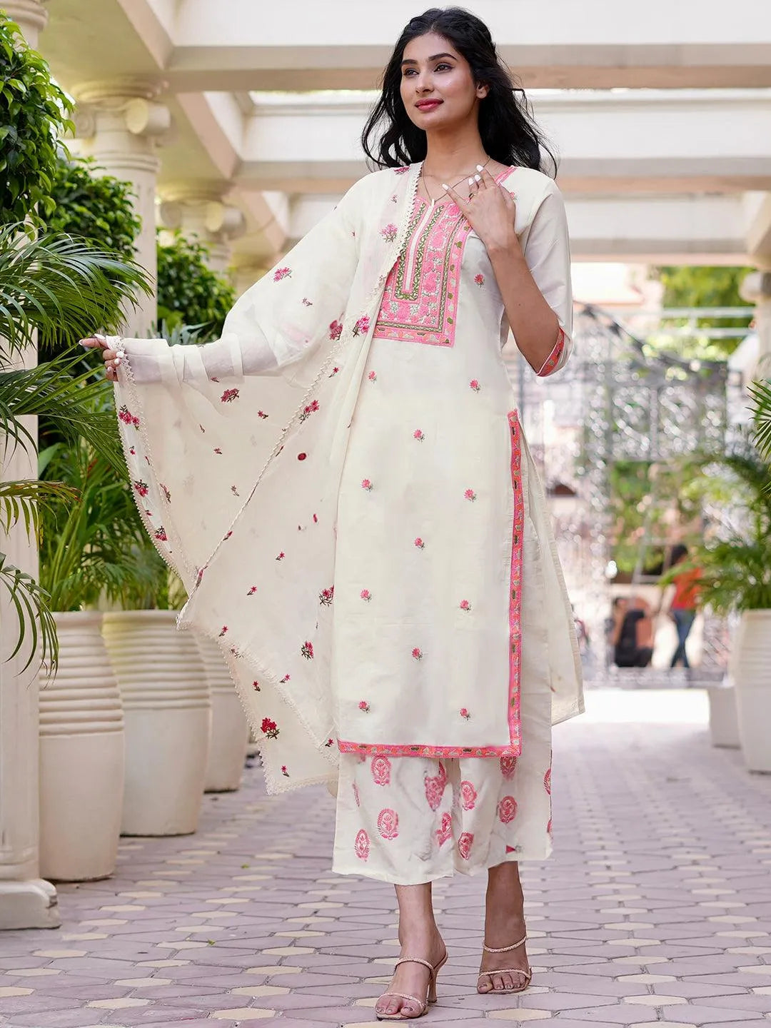 Off-White Yoke Design Cotton Straight Kurta With Palazzos & Dupatta - Libas 