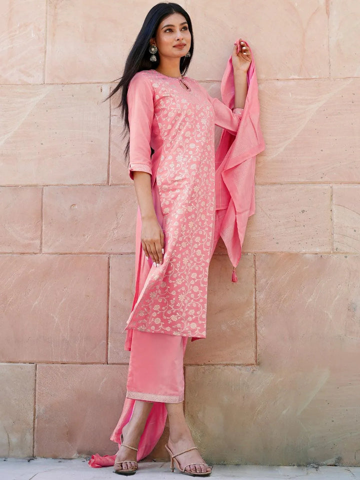 Pink Woven Design Silk Blend Straight Kurta With Palazzos & Dupatta - Libas