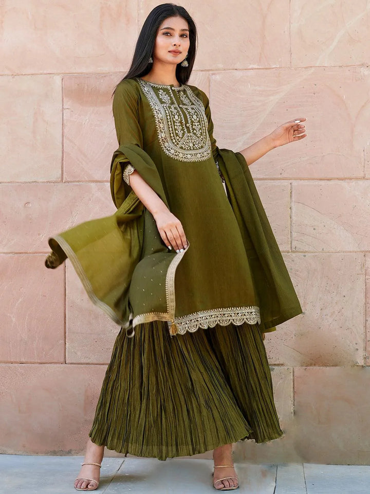 Olive Yoke Design Silk Blend Straight Sharara Suit Set With Dupatta - Libas