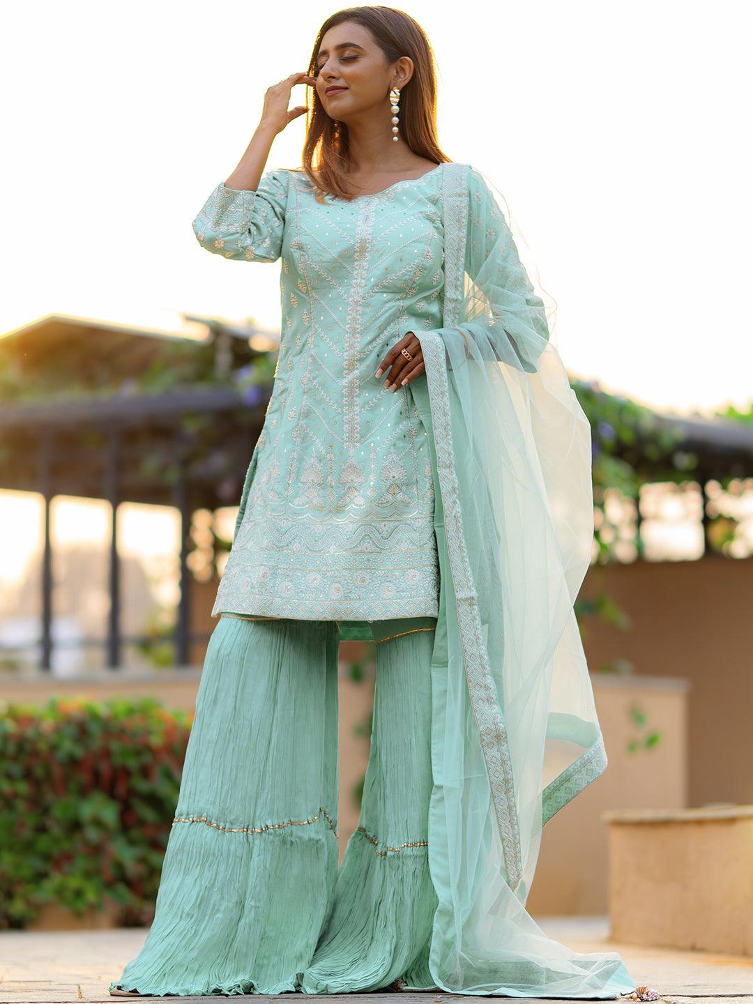 Libas Art Sea Green Embroidered Silk Straight Suit Set - Libas