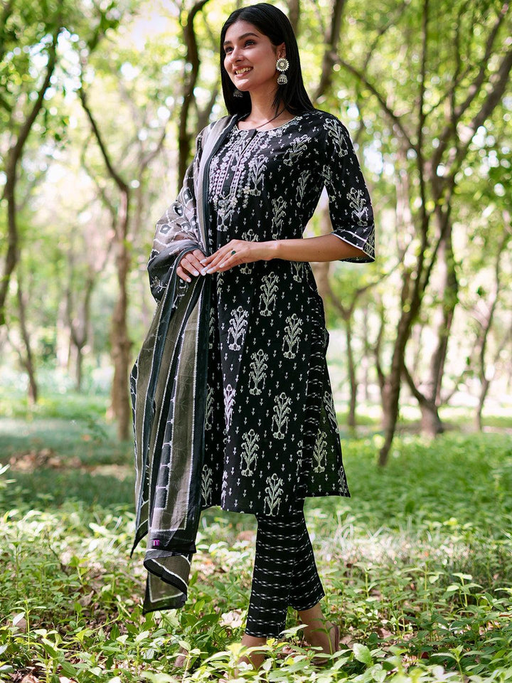 Black Printed Cotton Straight Kurta With Trousers & Dupatta - Libas